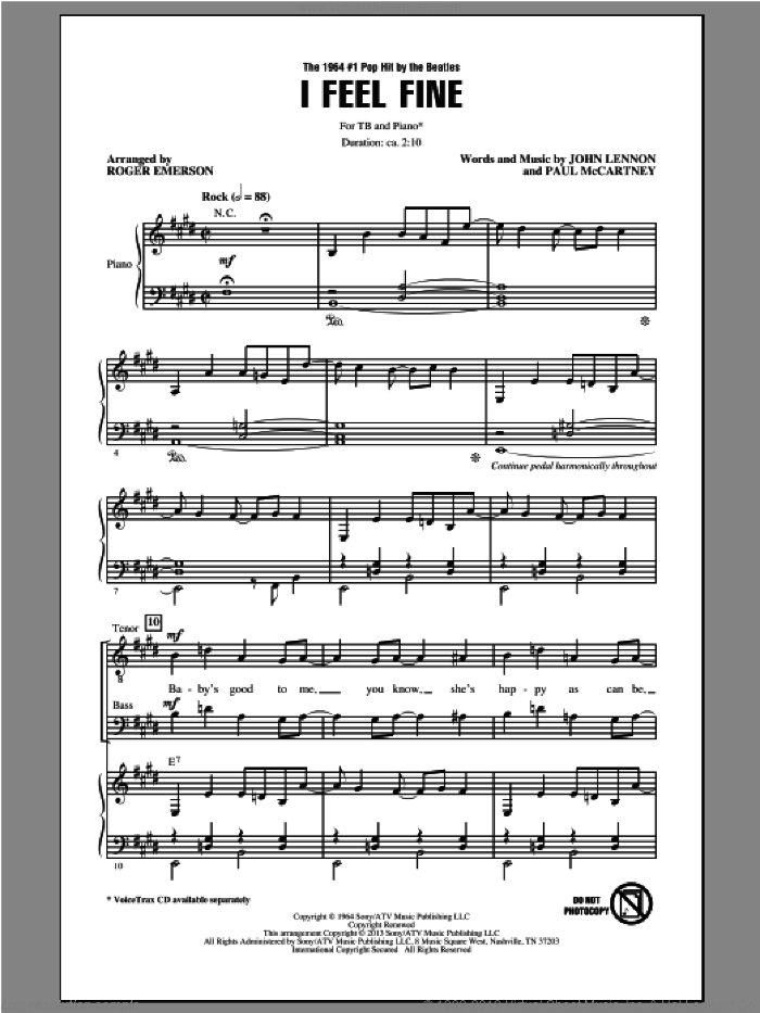 I Feel Fine sheet music for choir (TB: tenor, bass) by The Beatles and Roger Emerson, intermediate skill level