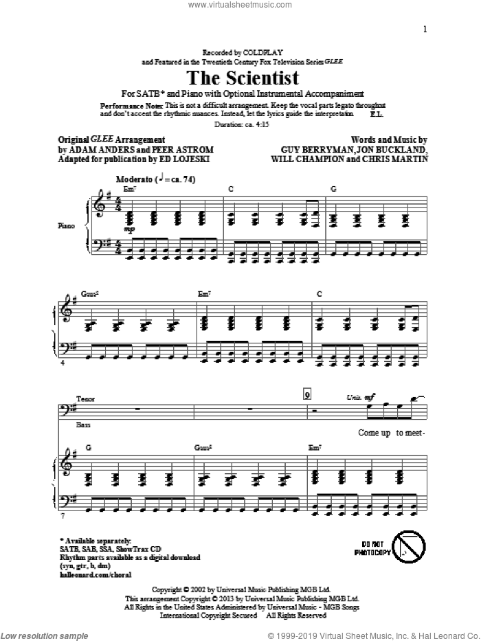 The Scientist (arr. Ed Lojeski) sheet music for choir (SATB: soprano, alto, tenor, bass) by Coldplay, Glee Cast and Ed Lojeski, intermediate skill level
