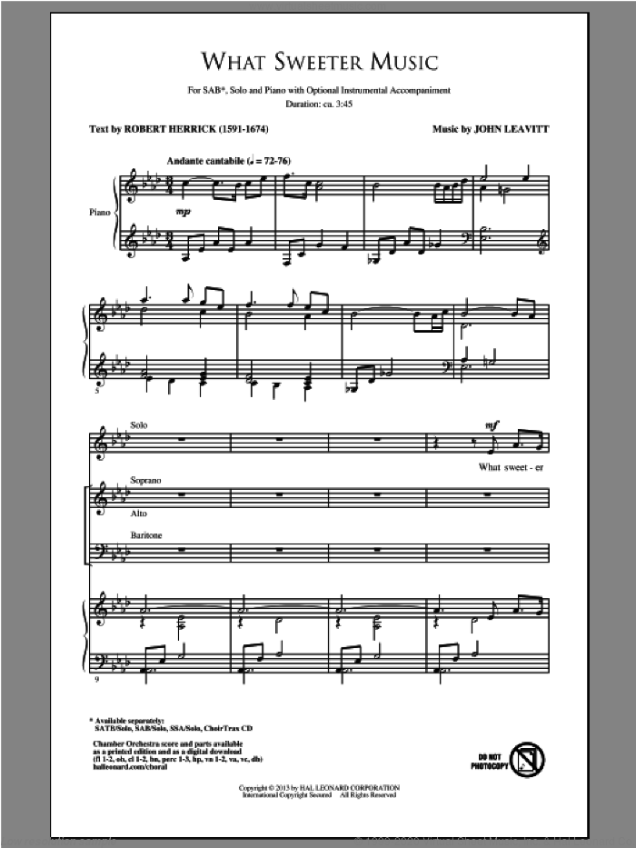 What Sweeter Music sheet music for choir (SAB: soprano, alto, bass) by John Leavitt and Robert Herrick, intermediate skill level