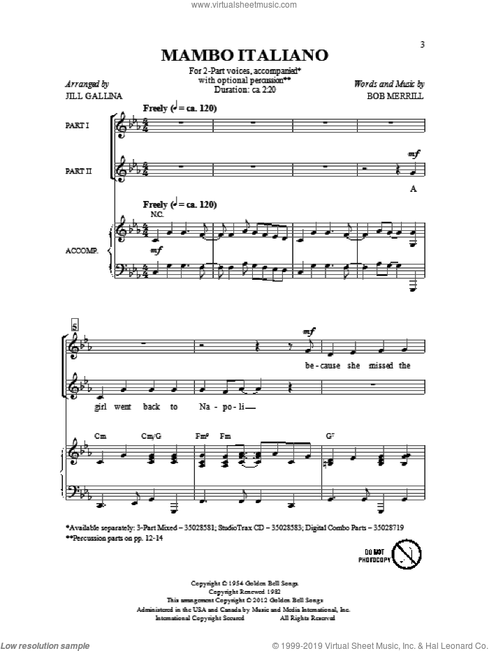 Mambo Italiano (arr. Jill Gallina) sheet music for choir (2-Part) by Bob Merrill and Jill Gallina, intermediate duet