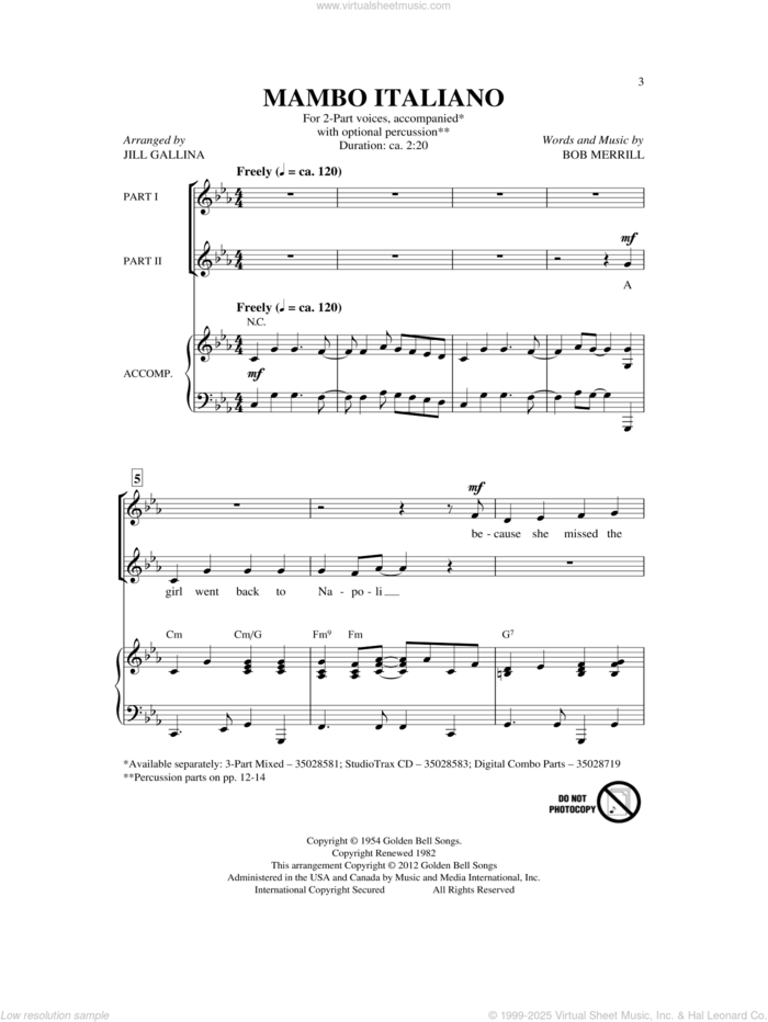 Mambo Italiano (arr. Jill Gallina) sheet music for choir (2-Part) by Bob Merrill and Jill Gallina, intermediate duet
