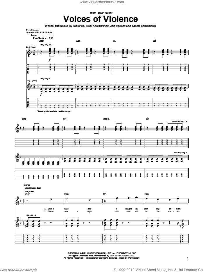 Voices Of Violence sheet music for guitar (tablature) by Billy Talent, Aaron Solowoniuk, Ben Kowalewicz and Jon Gallant, intermediate skill level