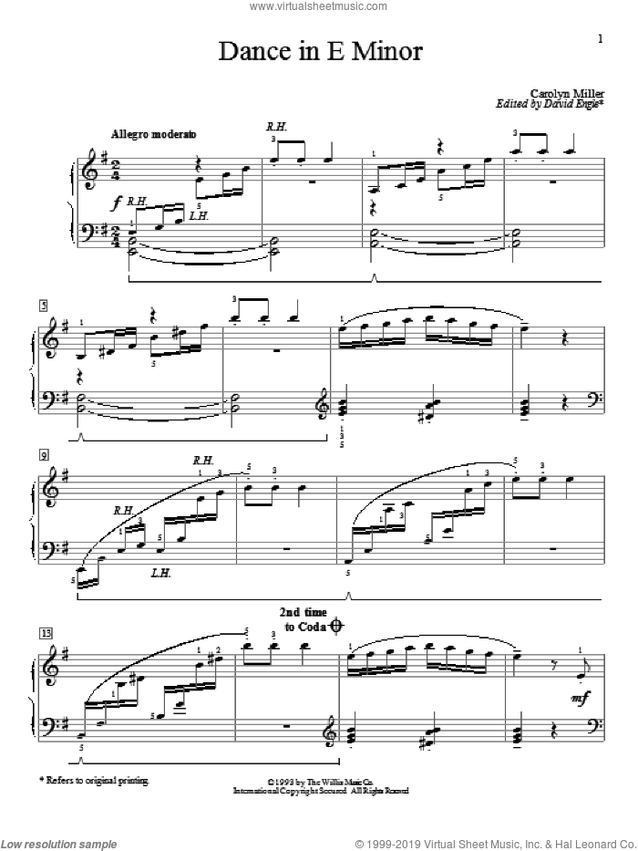 Dance In E Minor sheet music for piano solo (elementary) by Carolyn Miller and David Engle, classical score, beginner piano (elementary)