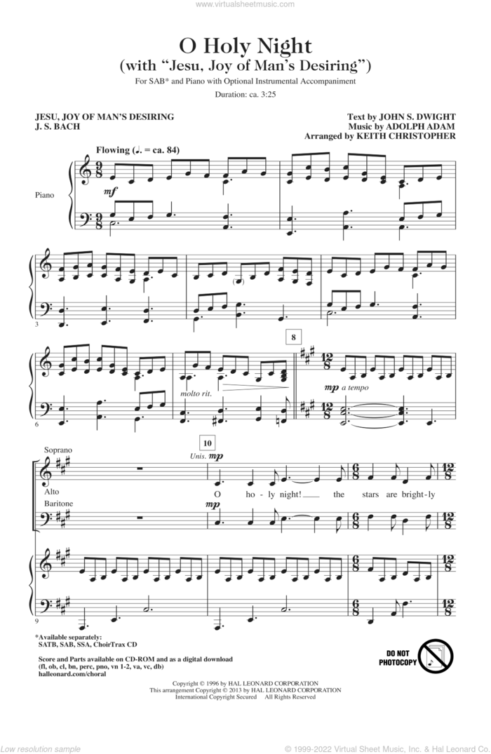 O Holy Night (with Jesu, Joy Of Man's Desiring) sheet music for choir (SAB: soprano, alto, bass) by Johann Sebastian Bach, Adolph Adam and Keith Christopher, classical score, intermediate skill level