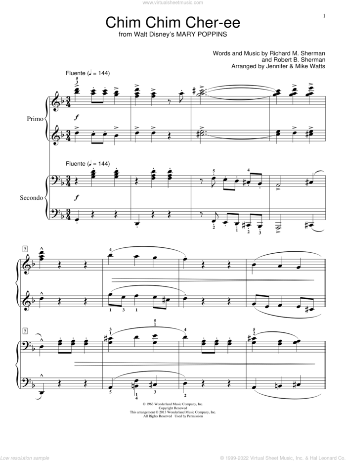 Chim Chim Cher-ee (from Mary Poppins) sheet music for piano four hands by Dick Van Dyke, Richard M. Sherman and Robert B. Sherman, intermediate skill level