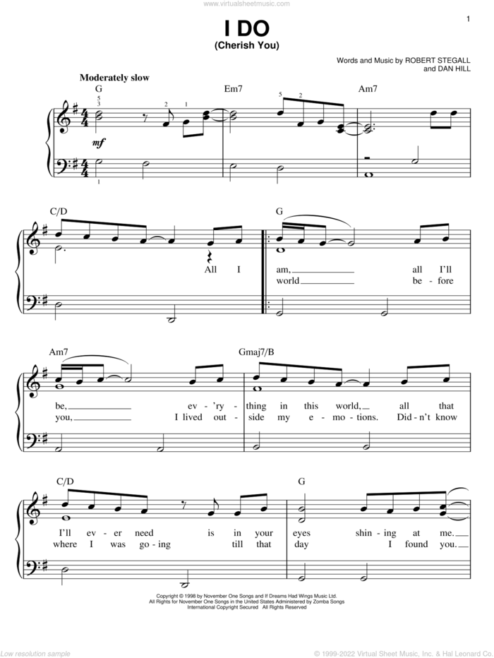 I Do (Cherish You) sheet music for piano solo by 98 Degrees, Dan Hill and Keith Stegall, easy skill level