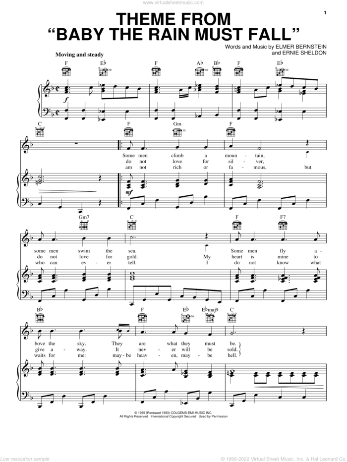 Theme From 'Baby The Rain Must Fall' sheet music for voice, piano or guitar by Glenn Yarbrough, Elmer Bernstein and Ernie Sheldon, intermediate skill level