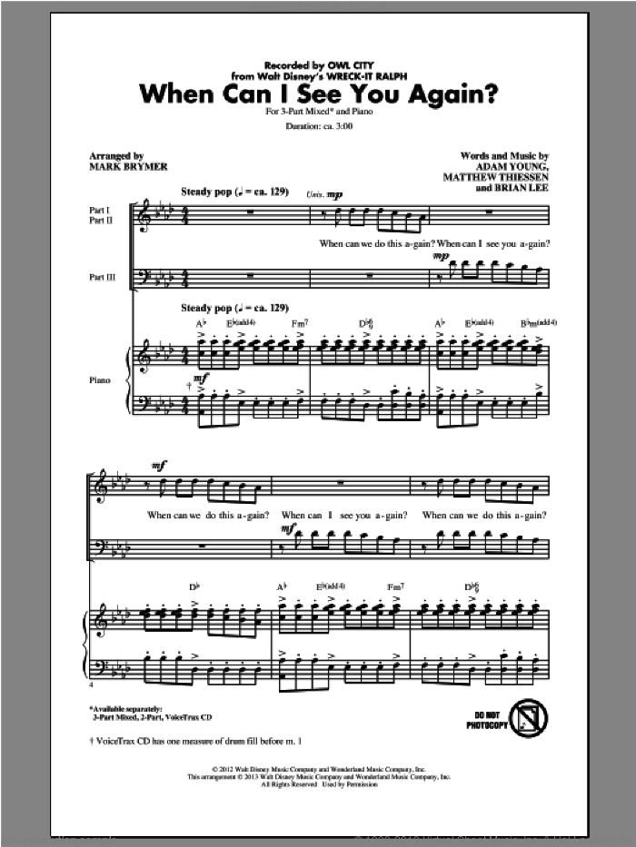 When Can I See You Again? sheet music for choir (3-Part Mixed) by Mark Brymer and Owl City, intermediate skill level