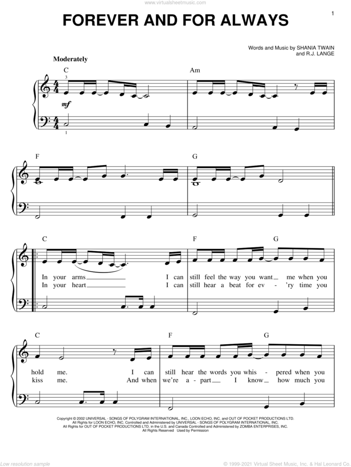 Forever And For Always sheet music for piano solo by Shania Twain and Robert John Lange, easy skill level