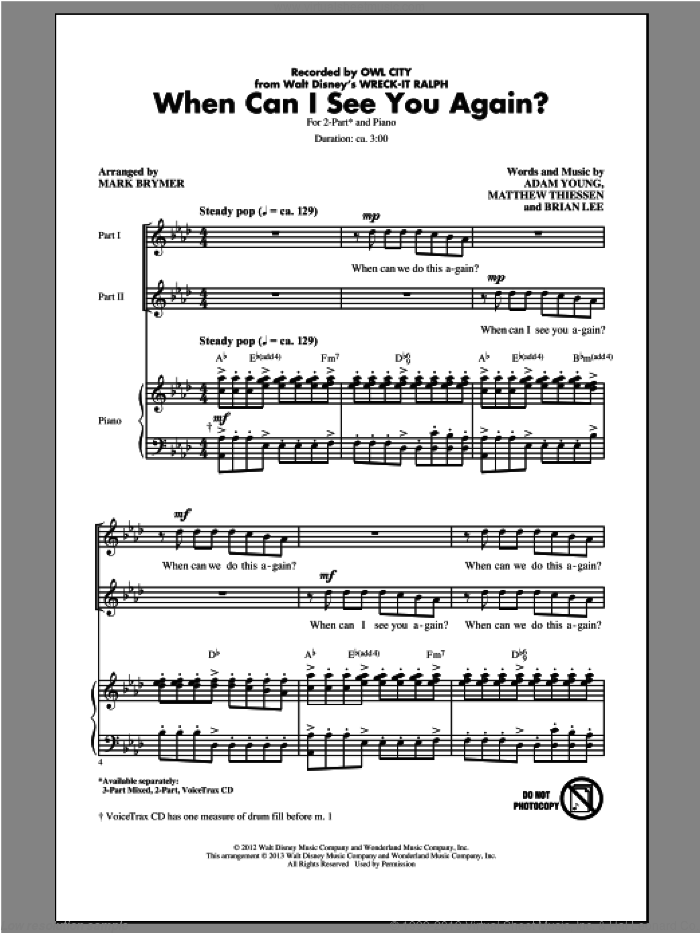 When Can I See You Again? sheet music for choir (2-Part) by Mark Brymer and Owl City, intermediate duet