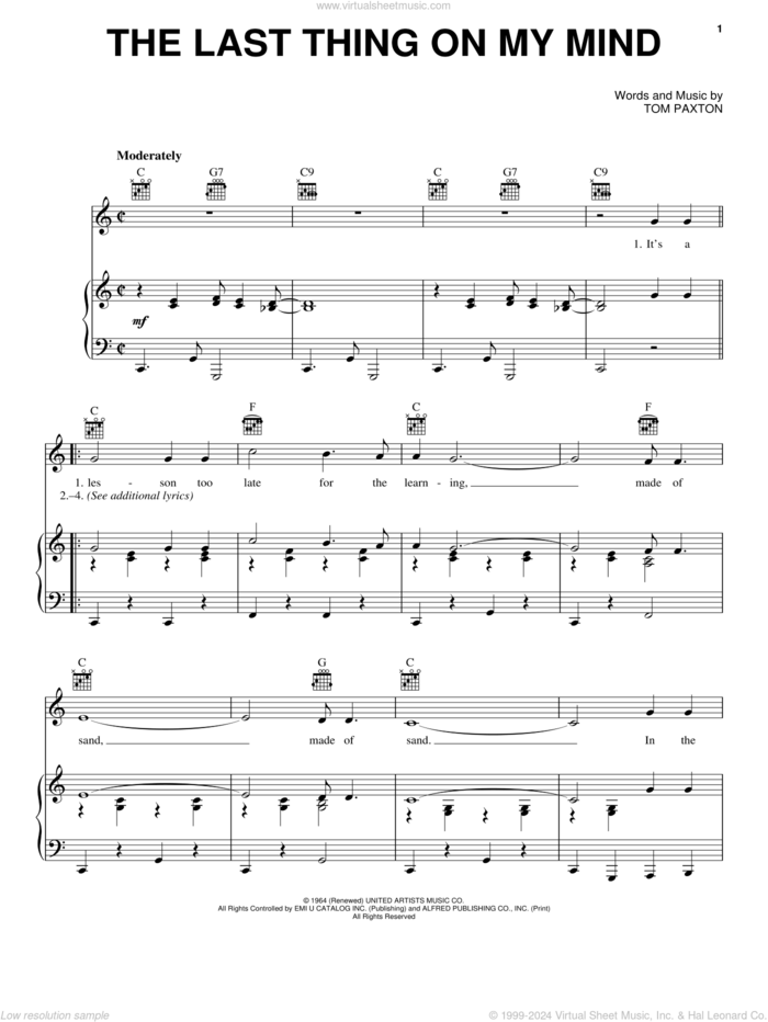 The Last Thing On My Mind sheet music for voice, piano or guitar by Tom Paxton, intermediate skill level