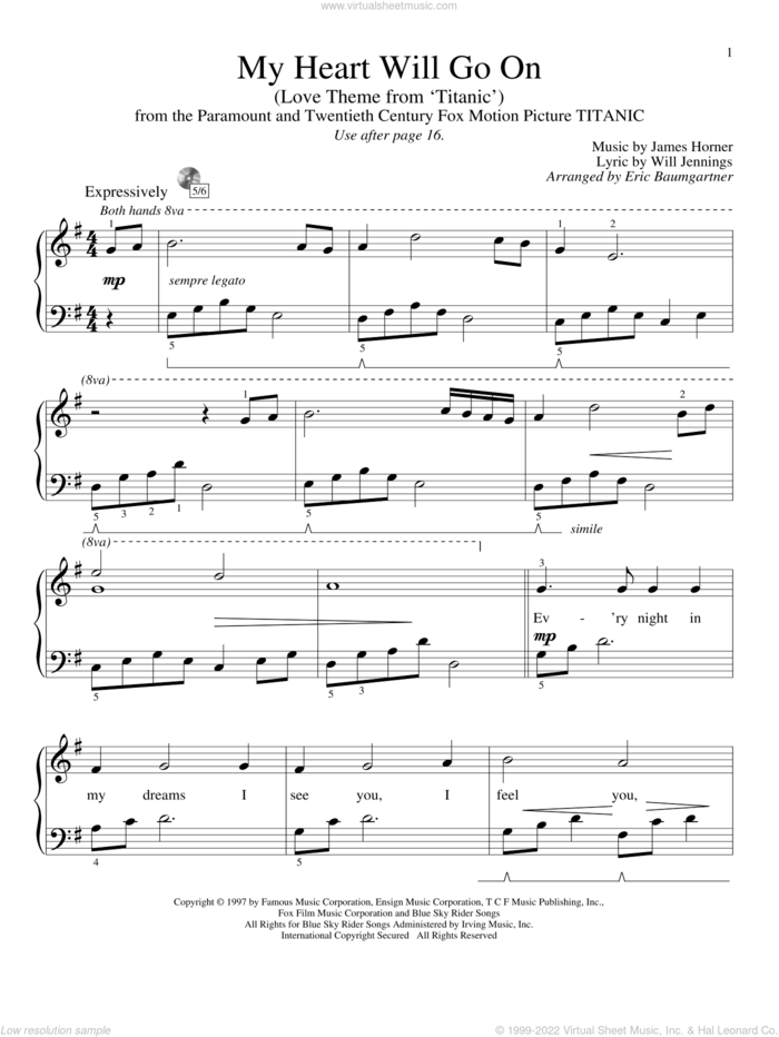 My Heart Will Go On (Love Theme from Titanic) sheet music for piano solo (elementary) by Will Jennings, Celine Dion, Eric Baumgartner and James Horner, wedding score, beginner piano (elementary)