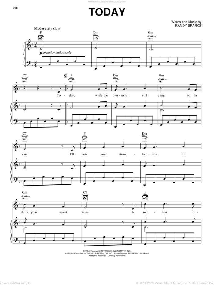Today sheet music for voice, piano or guitar by Randy Sparks, intermediate skill level