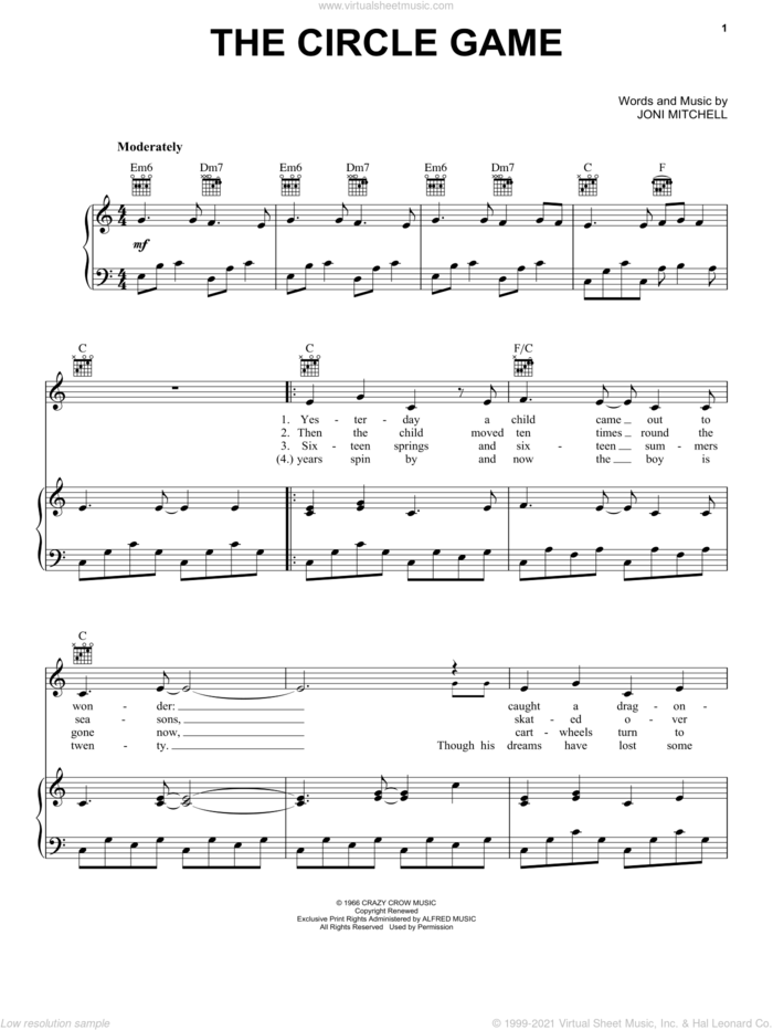 The Circle Game sheet music for voice, piano or guitar by Joni Mitchell, intermediate skill level