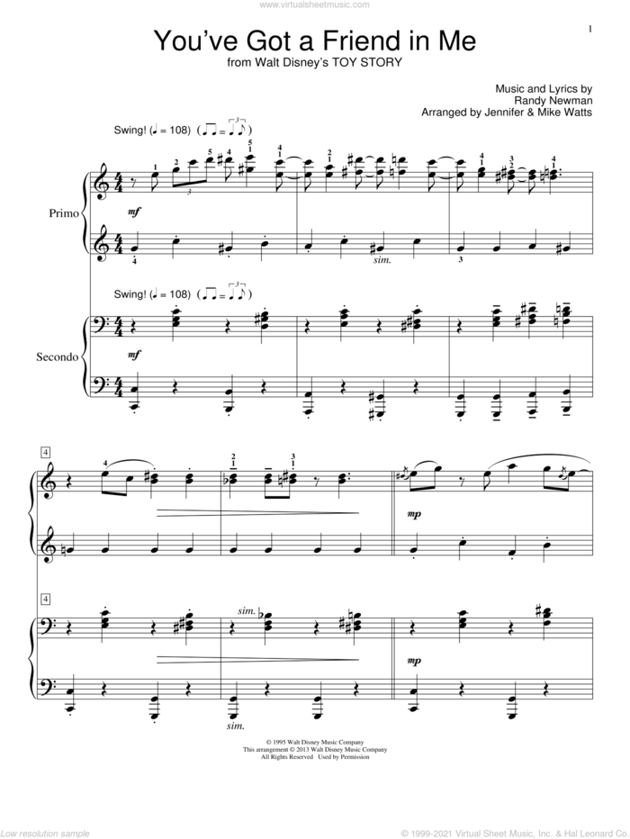 You've Got A Friend In Me (from Toy Story) sheet music for piano four hands by Randy Newman, intermediate skill level