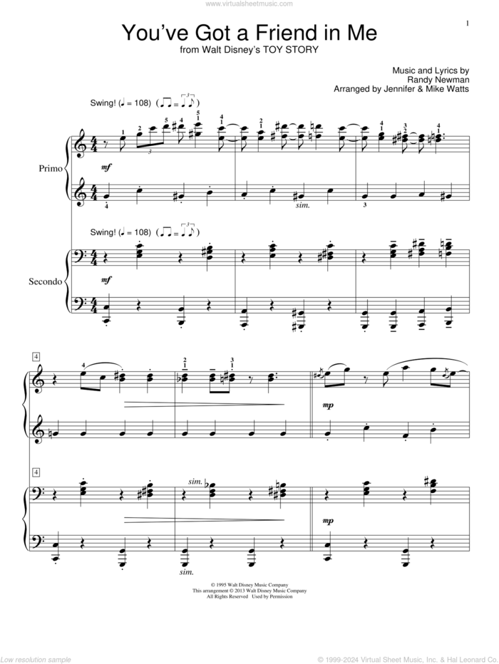 You've Got A Friend In Me (from Toy Story) sheet music for piano four hands by Randy Newman, intermediate skill level