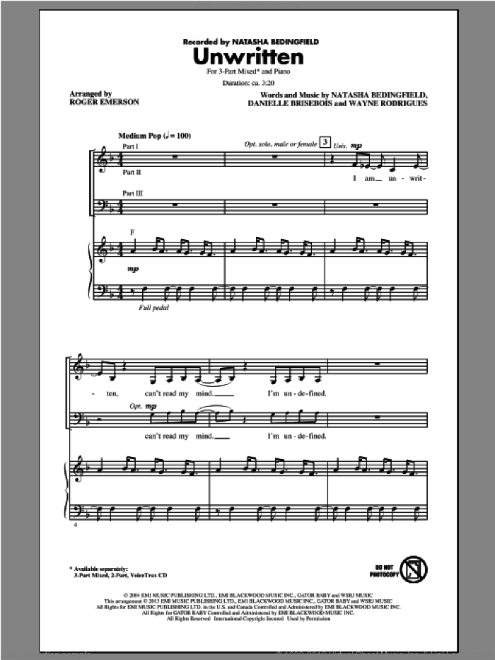 Unwritten sheet music for choir (3-Part Mixed) by Roger Emerson, intermediate skill level