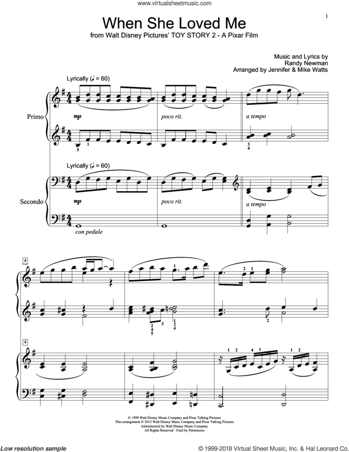 When She Loved Me (from Toy Story 2) sheet music for piano four hands by Sarah McLachlan and Randy Newman, intermediate skill level