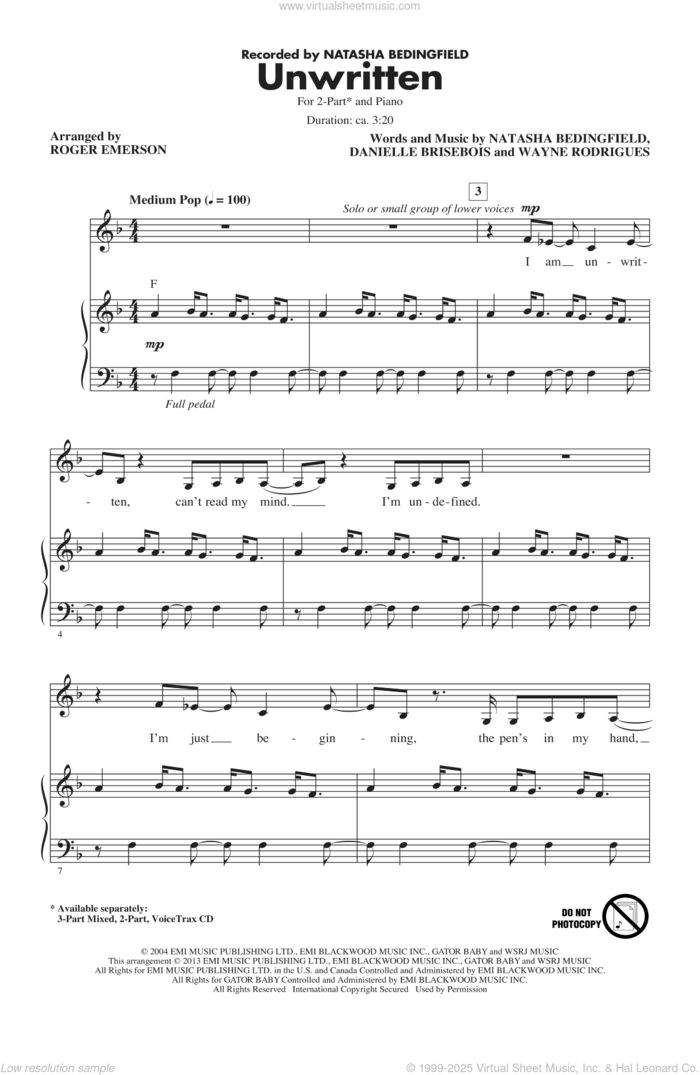 Unwritten (arr. Roger Emerson) sheet music for choir (2-Part) by Natasha Bedingfield and Roger Emerson, intermediate duet