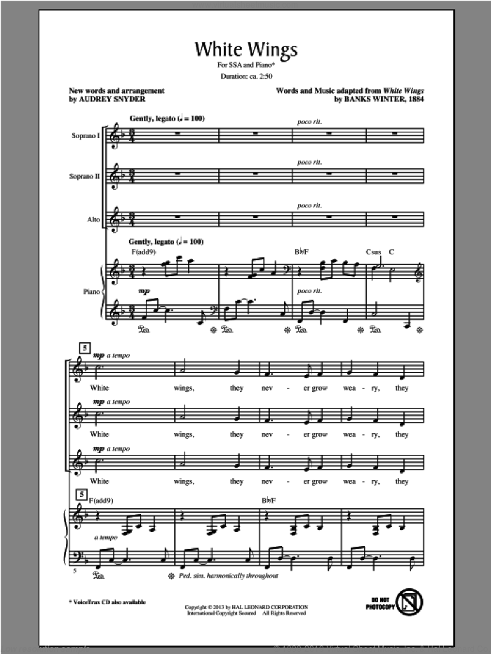 White Wings sheet music for choir (SSA: soprano, alto) by Audrey Snyder, intermediate skill level