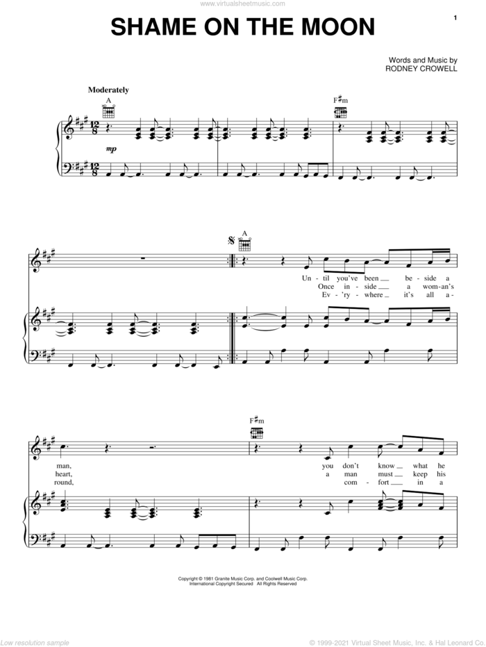 Shame On The Moon sheet music for voice, piano or guitar by Bob Seger, intermediate skill level