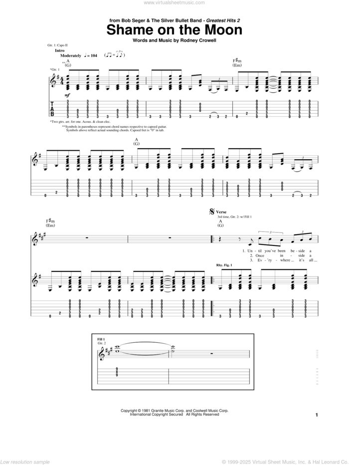 Shame On The Moon sheet music for guitar (tablature) by Bob Seger, intermediate skill level