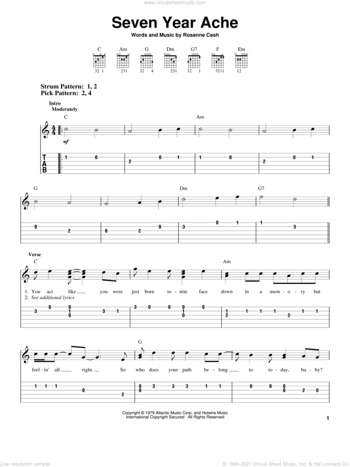 Seven Year Ache sheet music for guitar solo (easy tablature) by Rosanne Cash, easy guitar (easy tablature)