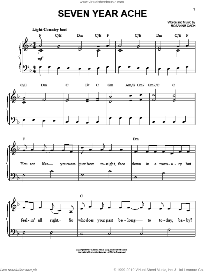 Seven Year Ache sheet music for piano solo by Rosanne Cash, easy skill level