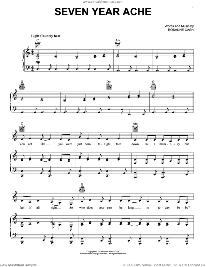 Seven Year Ache sheet music for voice, piano or guitar by Rosanne Cash, intermediate skill level