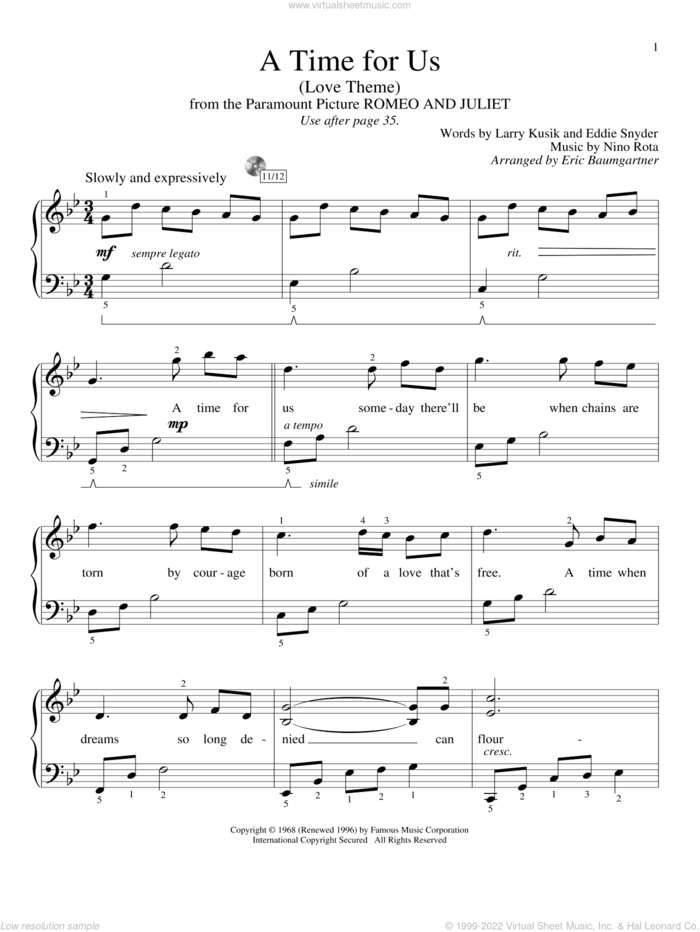 A Time For Us (Love Theme) sheet music for piano solo (elementary) by Nino Rota, Eric Baumgartner, Eddie Snyder and Larry Kusik, wedding score, beginner piano (elementary)