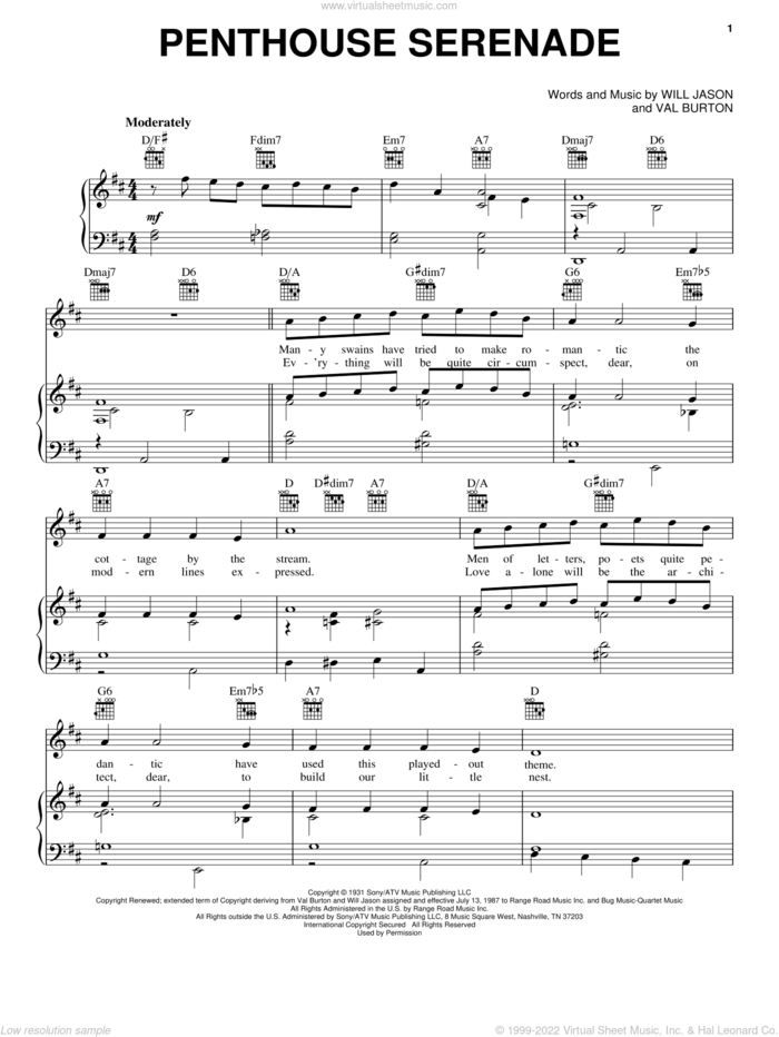 Penthouse Serenade sheet music for voice, piano or guitar by Nat King Cole, Val Burton and Will Jason, intermediate skill level