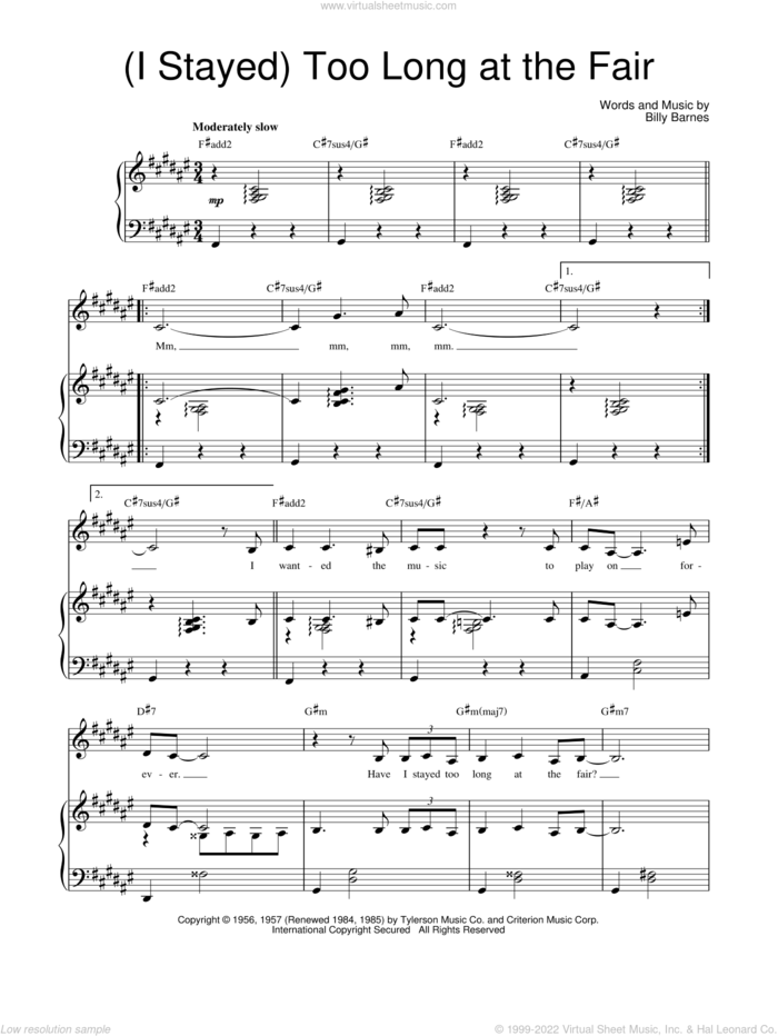 (I Stayed) Too Long At The Fair sheet music for voice, piano or guitar by Barbra Streisand and Billy Barnes, intermediate skill level