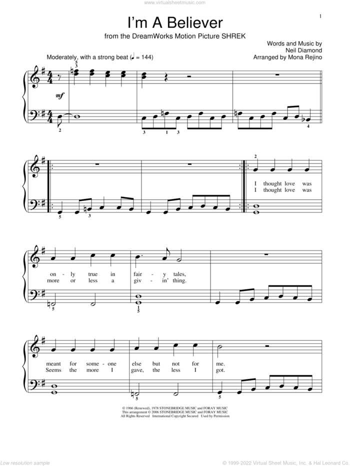 I'm A Believer sheet music for piano solo (elementary) by Smash Mouth, Miscellaneous, The Monkees and Neil Diamond, beginner piano (elementary)