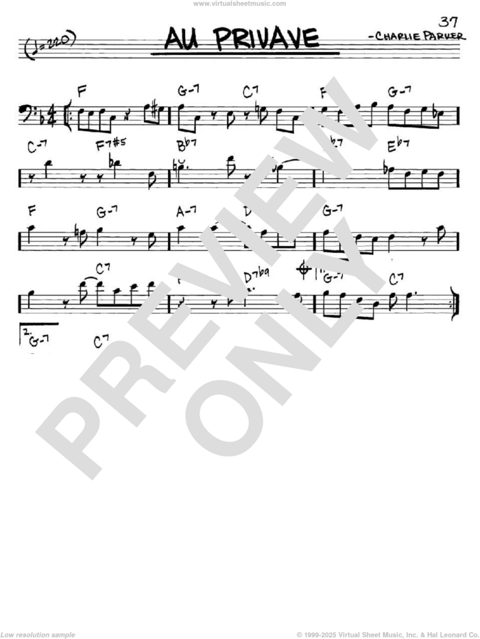 Au Privave sheet music for voice and other instruments (bass clef) by Charlie Parker, intermediate skill level