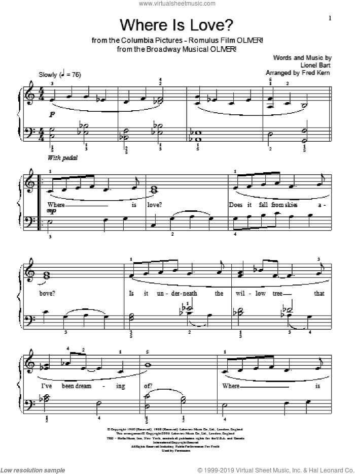 Where Is Love?, (beginner) sheet music for piano solo (elementary) by Lionel Bart, Miscellaneous and Oliver! (Musical), beginner piano (elementary)