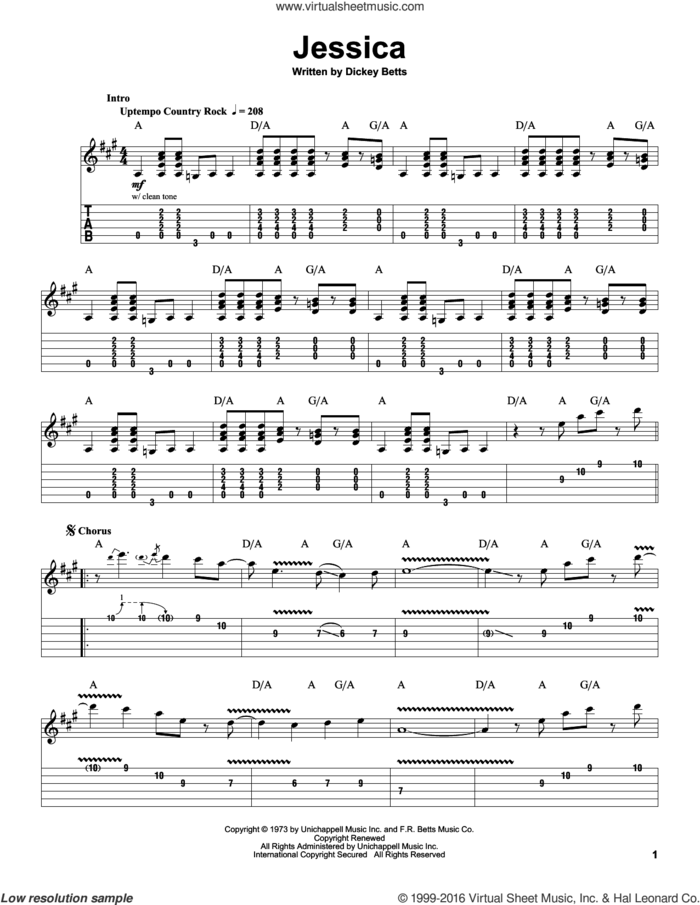 Jessica sheet music for guitar (tablature, play-along) by Allman Brothers Band, The Allman Brothers Band and Dickey Betts, intermediate skill level