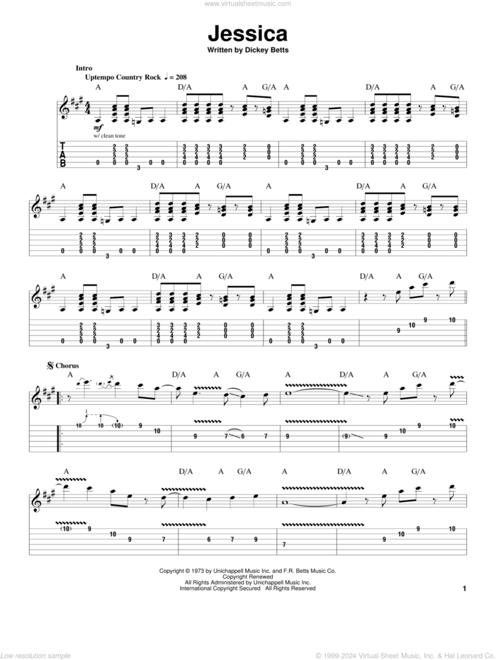 Jessica sheet music for guitar (tablature, play-along) by Allman Brothers Band, The Allman Brothers Band and Dickey Betts, intermediate skill level