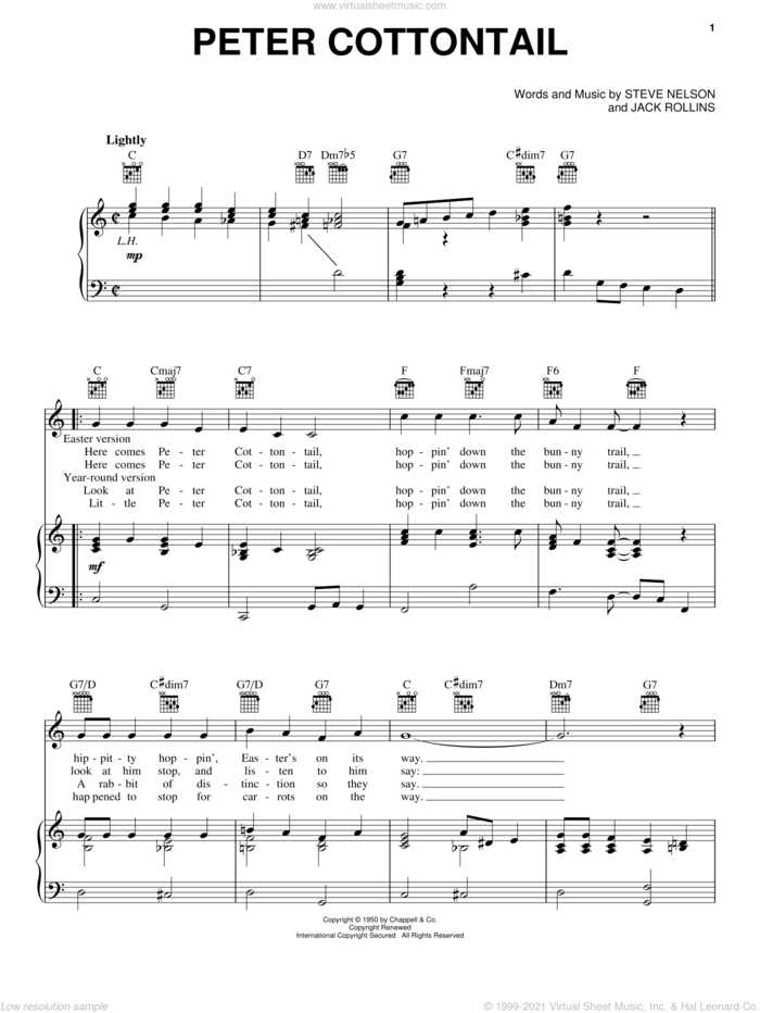 Peter Cottontail sheet music for voice, piano or guitar by Steve Nelson and Jack Rollins, intermediate skill level