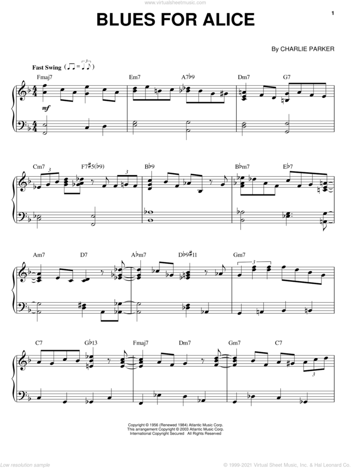 Blues For Alice sheet music for piano solo by John Coltrane and Charlie Parker, intermediate skill level