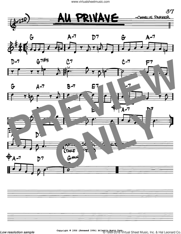Au Privave sheet music for voice and other instruments (in Bb) by Charlie Parker, intermediate skill level