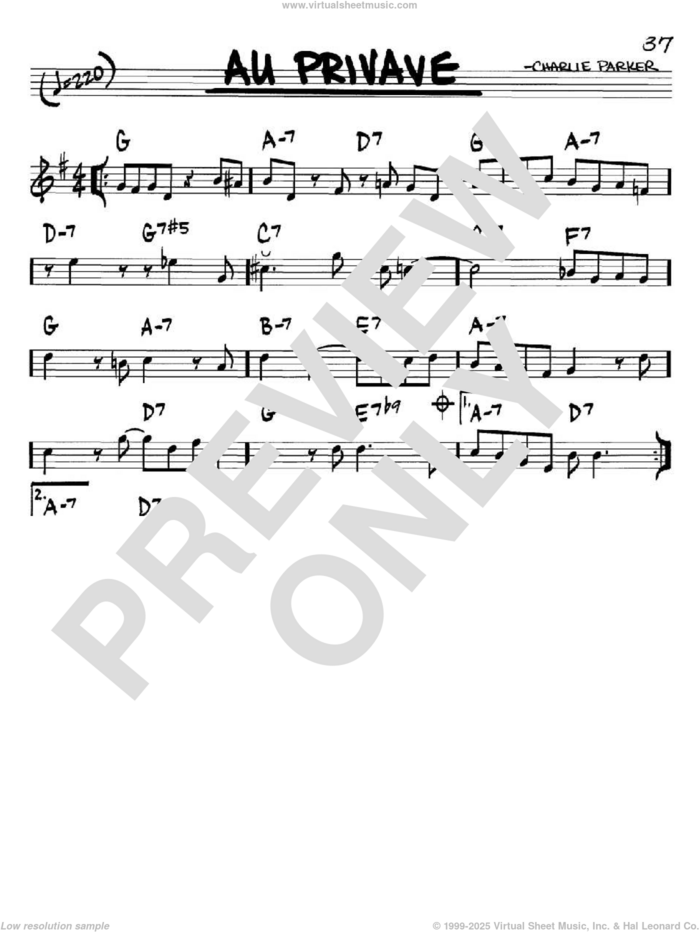 Au Privave sheet music for voice and other instruments (in Bb) by Charlie Parker, intermediate skill level