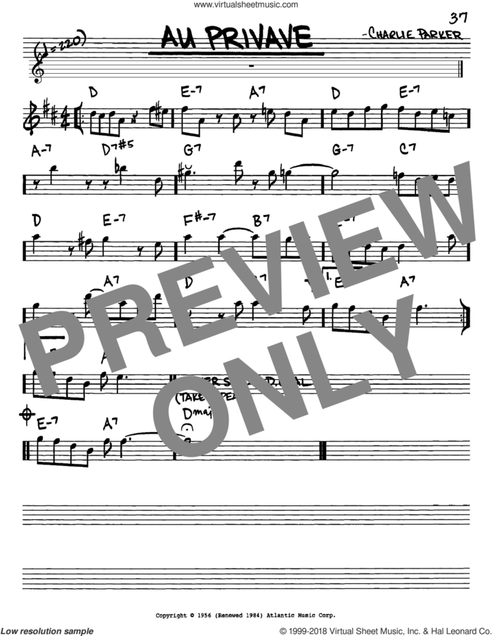 Au Privave sheet music for voice and other instruments (in Eb) by Charlie Parker, intermediate skill level