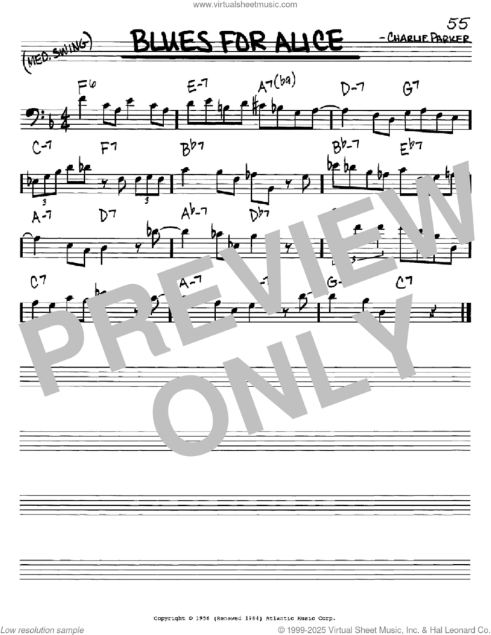 Blues For Alice sheet music for voice and other instruments (bass clef) by John Coltrane and Charlie Parker, intermediate skill level