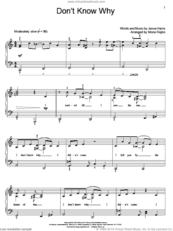 Don't Know Why sheet music for piano solo (elementary) by Norah Jones, Miscellaneous and Jesse Harris, beginner piano (elementary)