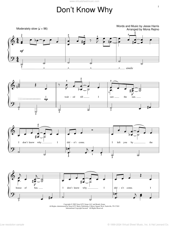 Don't Know Why sheet music for piano solo (elementary) by Norah Jones, Miscellaneous and Jesse Harris, beginner piano (elementary)