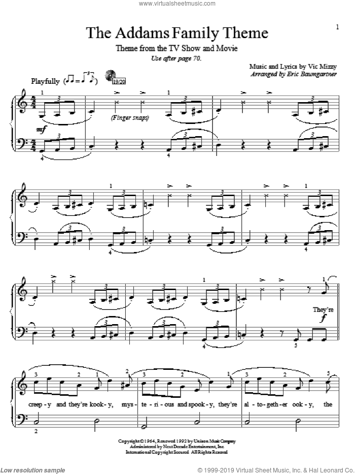 The Addams Family Theme sheet music for piano solo (elementary) by Vic Mizzy and Eric Baumgartner, beginner piano (elementary)