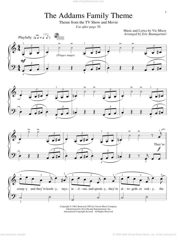 The Addams Family Theme sheet music for piano solo (elementary) by Vic Mizzy and Eric Baumgartner, beginner piano (elementary)