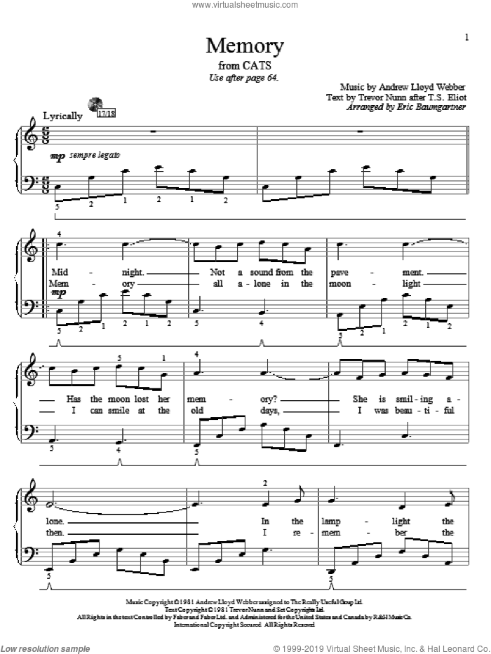 Memory (from Cats) (arr. Eric Baumgartner) sheet music for piano solo (elementary) by Andrew Lloyd Webber, Eric Baumgartner, Barbra Streisand, Cats (Musical), T.S. Eliot and Trevor Nunn, beginner piano (elementary)