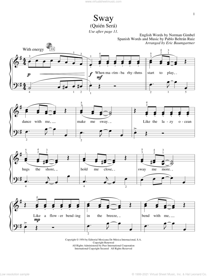 Sway (Quien Sera) sheet music for piano solo (elementary) by Norman Gimbel, Eric Baumgartner, Dean Martin and Pablo Beltran Ruiz, beginner piano (elementary)