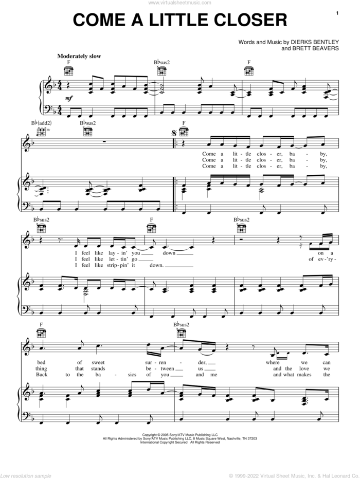 Come A Little Closer sheet music for voice, piano or guitar by Dierks Bentley and Brett Beavers, intermediate skill level